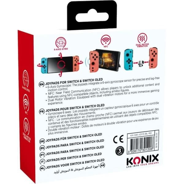 Joypads - Nintendo Switch och Switch OLED - KONIX - 8 timmars batteritid - Vibrationsfunktion - Blå och röd
