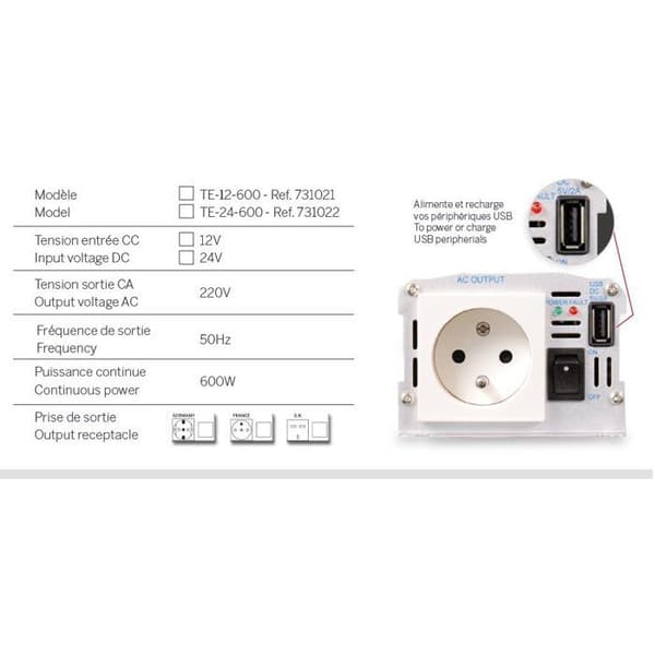 Spänningsomvandlare - THOMSON - 12/220 V - 600 W - Med USB-uttag