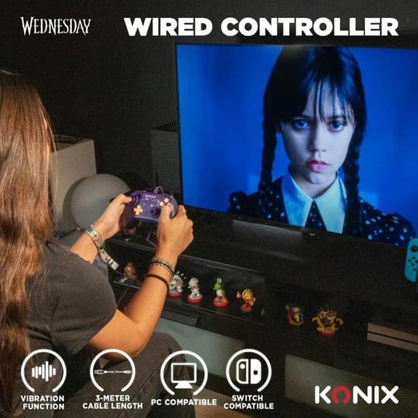 Gamepad - Nintendo Switch/Switch 2 och PC - Wednesday - Kabelansluten - Lila och svart - Halkfria grepp