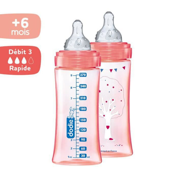 DODIE Set med 2 antikolikflaskor Initiering + - 330 ml - DANCING ROSE - runda spenar 3 hastigheter flöde 3