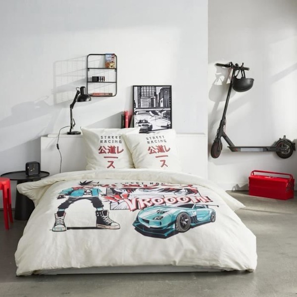 Sängkläder - IDAG - JAVA - 2 personer - 240x220 cm - Bomull - Street racing print - Vit