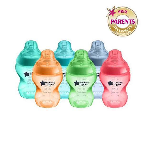 Tommee Tippee - Paket med 6 Closer to Nature-flaskor - Anti-kolik ventilspene - 260ml - Fluorescerande flerfärgad