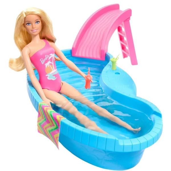 Barbie-docka och tillbehör-Blond dockask med pool HRJ74