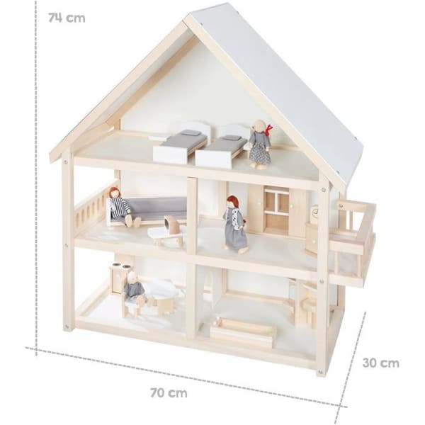 Trädockhus - ROBA - 3 våningar med 16 möbler och 4 dockor - Naturfärgad / Vit / Grå