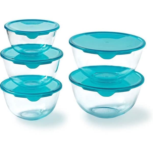Set med 5 skålar med lock - PYREX - 1x 0,5L + 2x 1L + 2x 2L