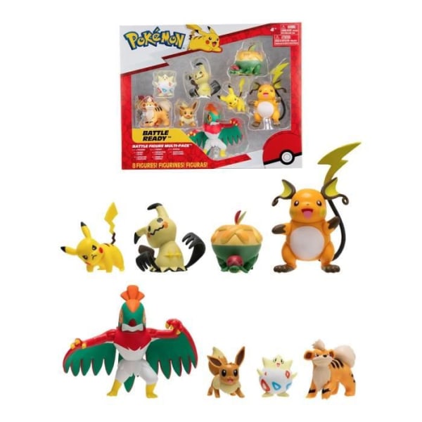 8 Battle Bandai -figurer - Pokémon - Pikachu, Evoli, Dratatin, Togepi, Caninos, Mimiqui, Raichu och Brutalé