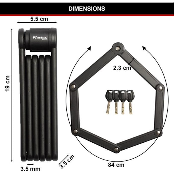 Vikbart cykellås - MASTER LOCK - 8335EURDPRO - Härdat stål, 4 nycklar, stöd ingår