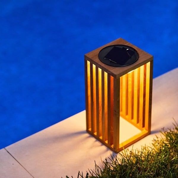 Dekorativ solcellslykta - LUMISKY - CHENNAI - H30 cm - Massiv teak - Varmvit LED