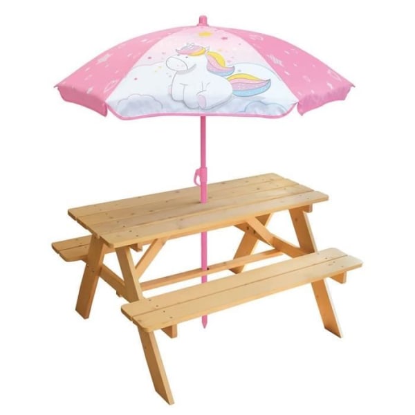 Enhörning furu picknickbord med parasoll - FUN HOUSE - H.53 x l.95 x D.75 cm - För barn