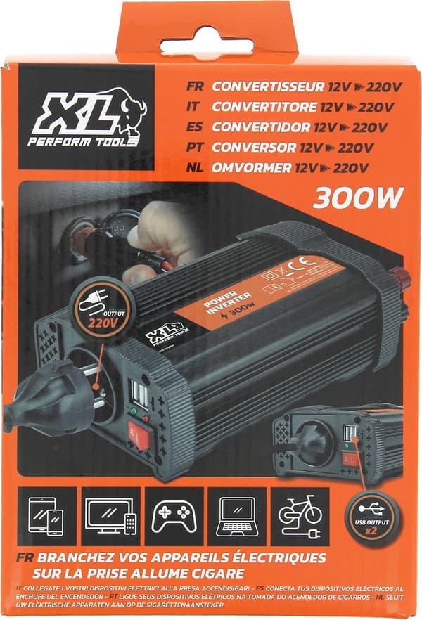 Omvandlare - XL PERFORM TOOLS - 12V-230V - 300W - 2 säkringar ingår - 2 USB-utgångar