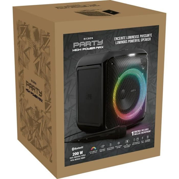 BIGBEN PARTYBTHPMAX - Trådlös ljushögtalare - Bluetooth 5.3 - 200W - USB, SD, Aux-In - Trådbunden mikrofon (perfekt karaoke)