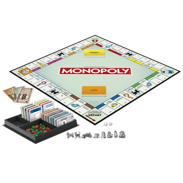 Klassiskt Monopol, brädspel, med förvaringsbox och stora bönder, 2 till 6 spelare, FR-version, från 8 år,