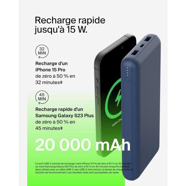 Externt batteri - BELKIN - 20 000 mAh - USB-A och USB-C - 15 W - Blå