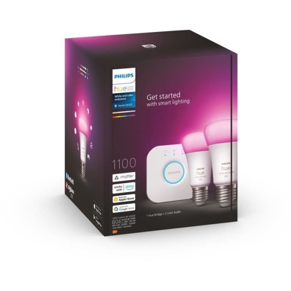 Philips Hue White and Color Ambiance, Starter Kit 2 Bulbs E27, 75W, Bluetooth, arbetar med Alexa, Google och HomeKit