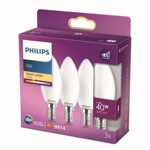 Philips, paket med 3 E27 LED 40W -glödlampor, varm vit