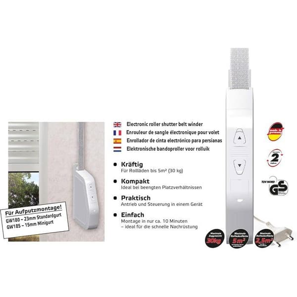 Bandupprullare för rulljalusier - SUPERROLLO - GW185 - Elektrisk - 14/15 mm - 1,5 m kabel - Vit