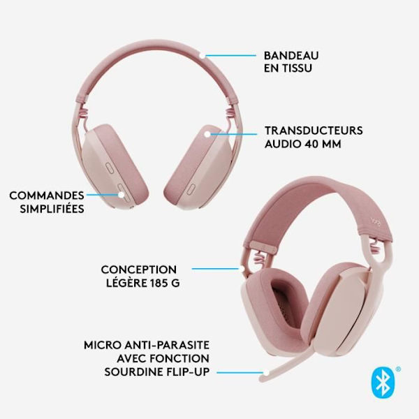 Logitech - Lätt trådlös lyssnande hjälm med bakgrund Micro Anti -Noise - Vibe 100 - Rose Zone