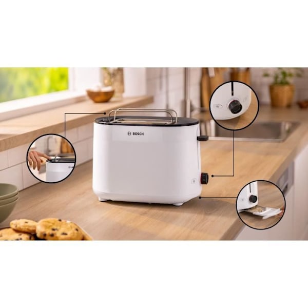 Brödrost - BOSCH - TAT2M121 MyMoment - Vit - 2 skivor - automatisk brödcentrering - avfrostnings- och återuppvärmningsfunktioner