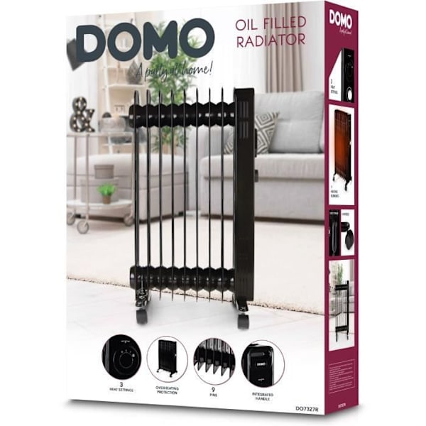 Oljefylld radiator - 2000 W - DOMO - DO7327R - 42,5 x 28 x 64 cm - Svart