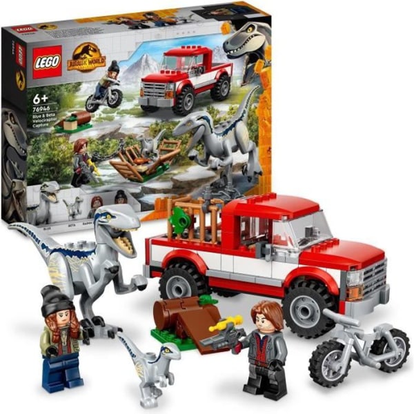LEGO 76946 Jurassic World Raptors fångar beta och blått, byggbara fordon och minifigurer för väktare
