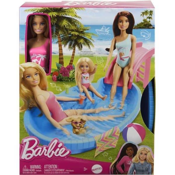 Barbie-docka och tillbehör-Blond dockask med pool HRJ74