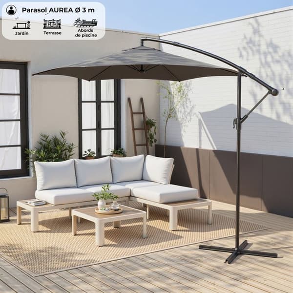 Carrefour AUREA parasoll 3 m, offset, grå – polyester 180 g/m², 6 stålribbor, epoxybelagd aluminiumstomme gray one size