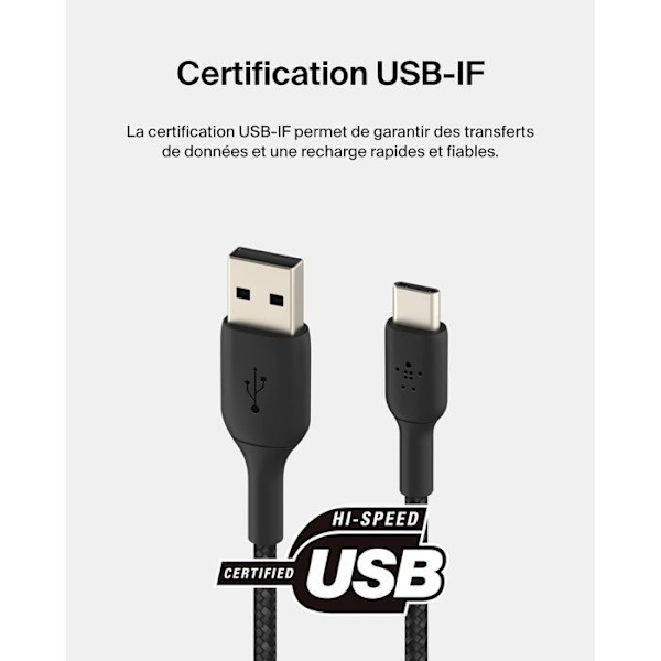 Flätad kabel - BELKIN - USB-C till USB-A - 2 m - Svart