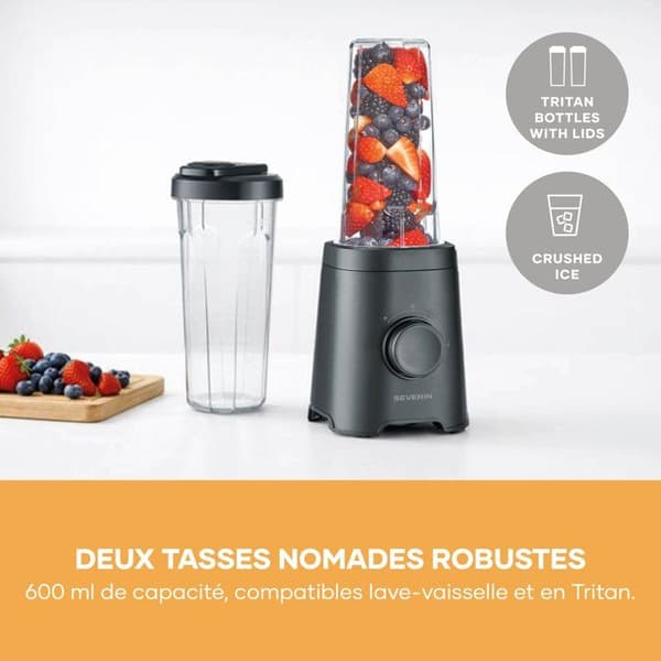 Mixer - SEVERIN - SM3753 Mix & Go - 320 W - 2 x 600 ml flaskor - 2 hastigheter - 4 vassa blad - Svart