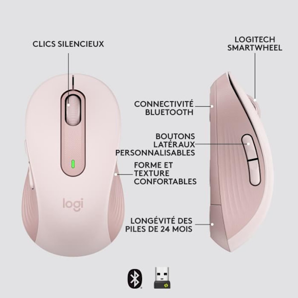 Logitech Signature M650 trådlös mus - Tyst, Bluetooth, programmerbara knappar - Rosa