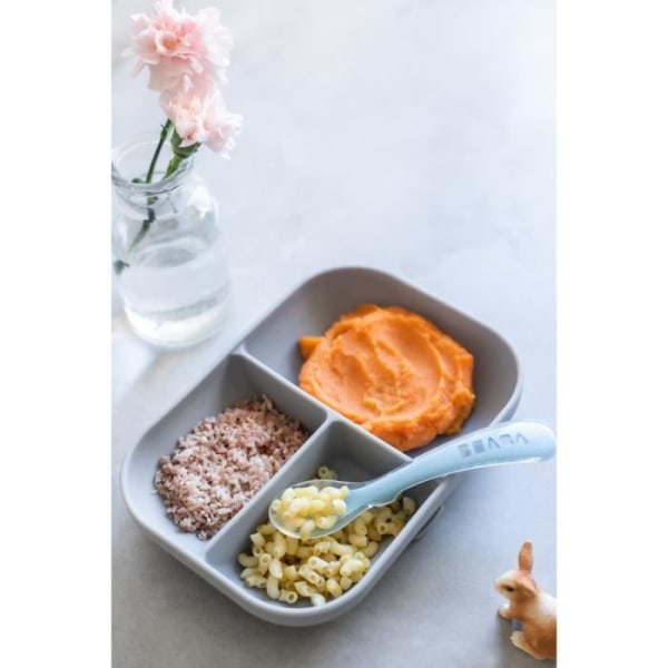 BEABA Barnmåltidssats, med sugkopp, halkskydd, silikonplatta + sked i fack, hälsosam och hållbar, grå