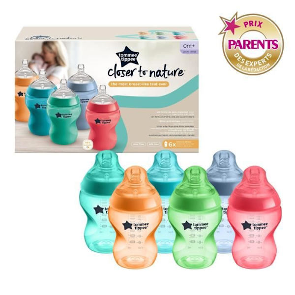 Tommee Tippee - Paket med 6 Closer to Nature-flaskor - Anti-kolik ventilspene - 260ml - Fluorescerande flerfärgad