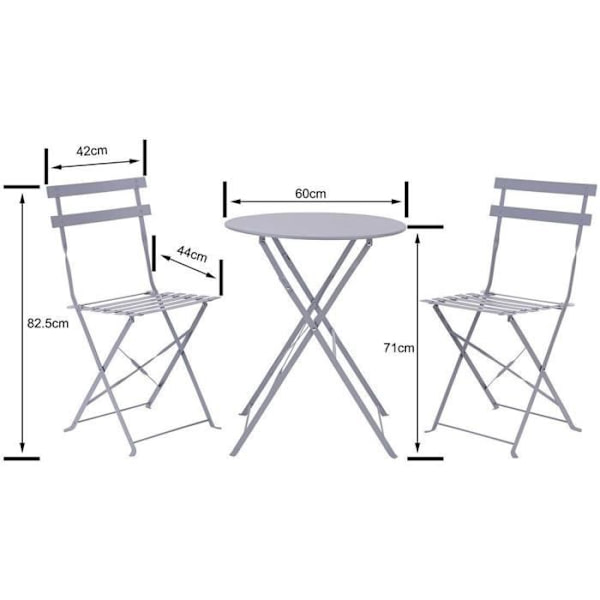 Bistroset - trädgårdsmatsats - Fällbord + 2 stolar - Struktur: stål - Färg: Grå