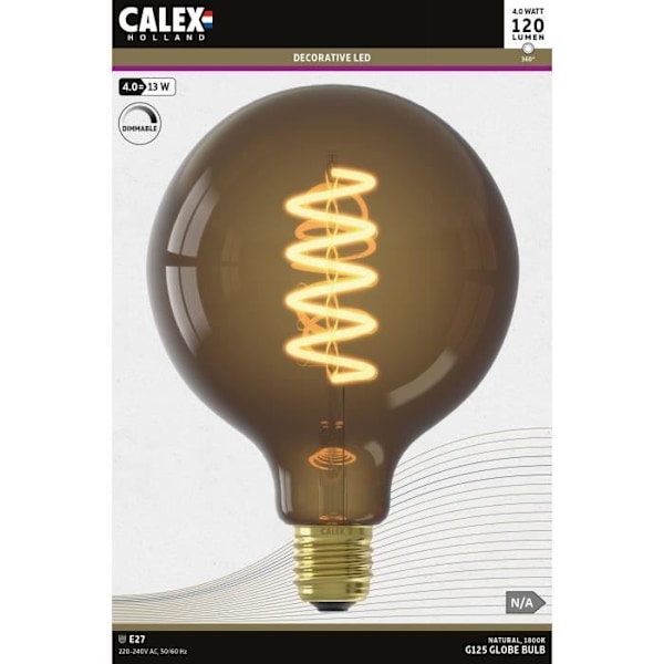 E27 LED-lampa - CALEX - G125 GLOBE - Rak glödtråd - 4 W - 120 lm - 1800 K - Dimbar - Naturlig