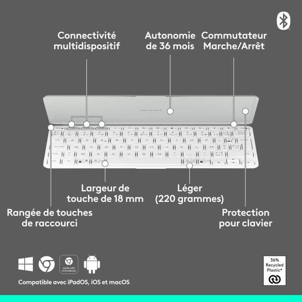 Tangentbord för Logitech KEYS-TO-GO 2 surfplatta, UNIVERSAL BLUETOOTH TANGENTBORD - blekgrå