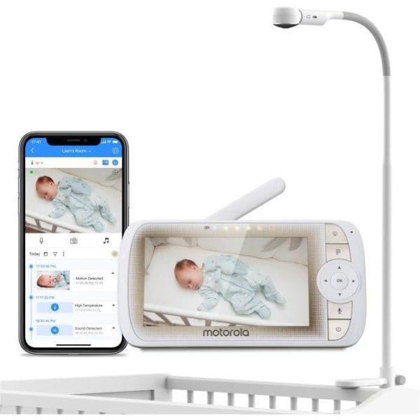 Baby Lyssna VM 65 Connect 2en1 WiFi på Tel + Video -skärm 5 med fotbäddsvision Grand Angle -Temperatur -T -Walkie -Motorola