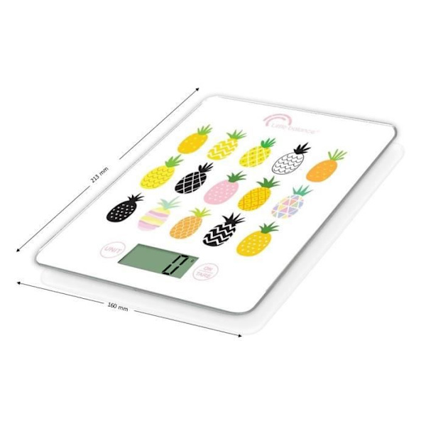 LITTLE BALANCE 8341 Smal elektronisk köksvåg - 5 kg / 1 g - Topp i härdat glas - Extra platt - BD Ananas