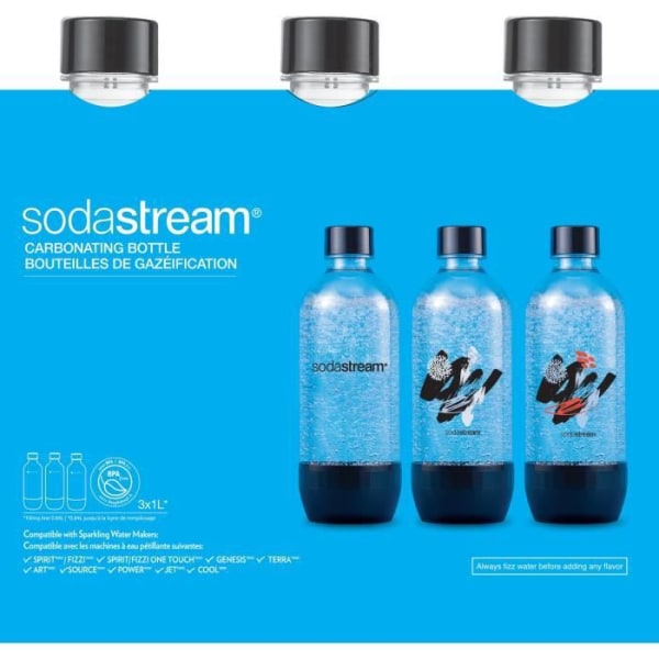 SODASTREAM - Förpackning med 3 förgasningsflaskor, stor färgbubblermodell