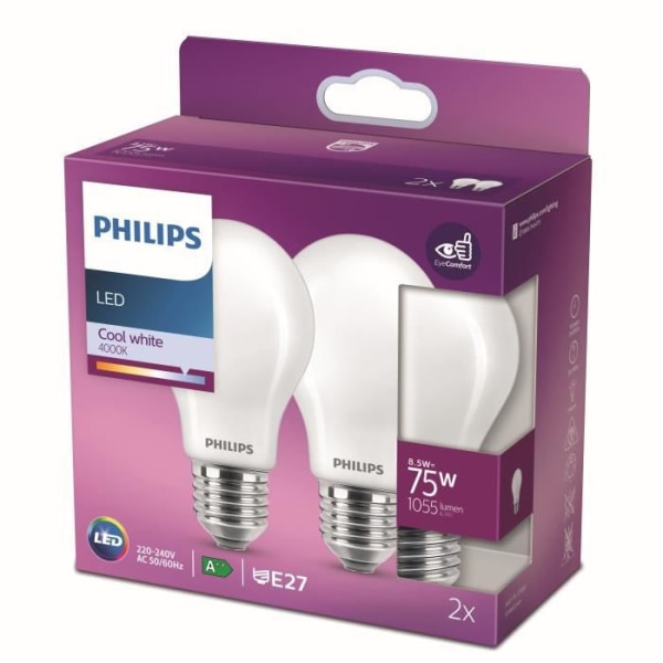 Philips LED-lampa Ekvivalent 75W E27 Kallvit, ej dimbar, glas, set om 2