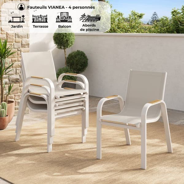 Set med 4 trädgårdsmatsstolar - VIANEA - Aluminium och textilen - 52 x 64,5 x 86,5 cm