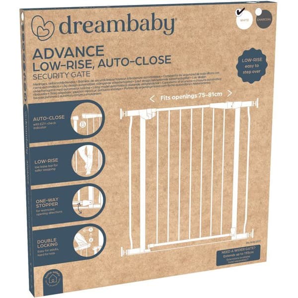 Säkerhetsgrind - DREAMBABY - Advance Auto-Close - Låg bas - Passar 75-81 cm, 76 cm höjd - Vit