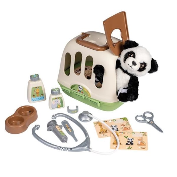 Smoby - Veterinärfodral - 1 panda plyschleksak och många tillbehör - 2 i 1 produkt: Transportbur - Fransk tillverkning