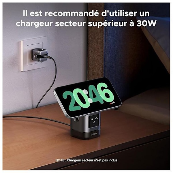 2-i-1 Laddstation - UGREEN - Robot - Qi2 - Svart