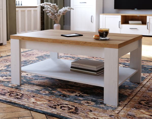 BOHOL Rektangulärt soffbord  Vit & Beige Ek  Dubbel skiva  B 100 × D 60 × H 45,7 cm
