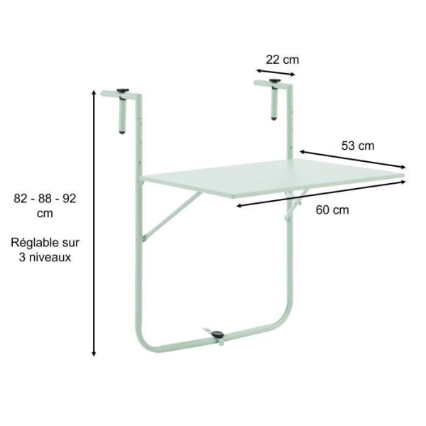 Stålfällbart balkongbord - 60 x 78 x 86-101 cm - Grön