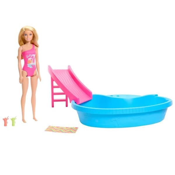 Barbie-docka och tillbehör-Blond dockask med pool HRJ74