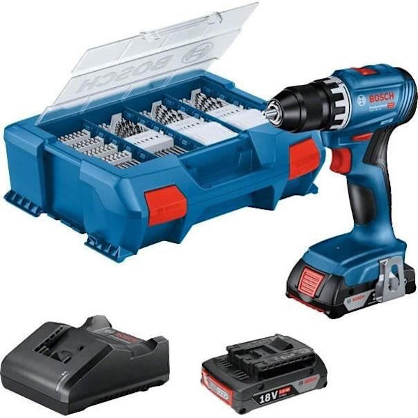 Bosch Professional GSR 18V ??Drill Borr + 2 Batterier 2.0AH + laddare + 82 stycken, i L-CASE