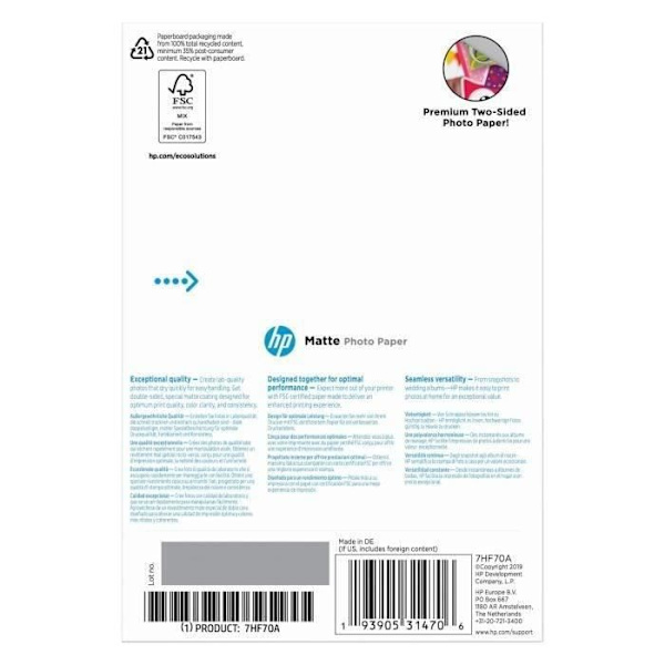 HP matt fotopapper, 180 g / m2, 10 x 15 cm, 25 ark (7HF70A)