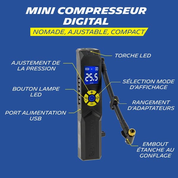 Mini sladdlös kompressor - MICHELIN - Elektrisk pump - Digital tryckmätare - 10 bar - USB-laddningsbar