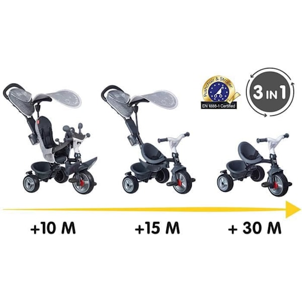 Smoby - Baby Driver Plus Grå trehjuling - Barnets evolutionära cykel från 10 månader - tysta hjul - parkeringsbroms