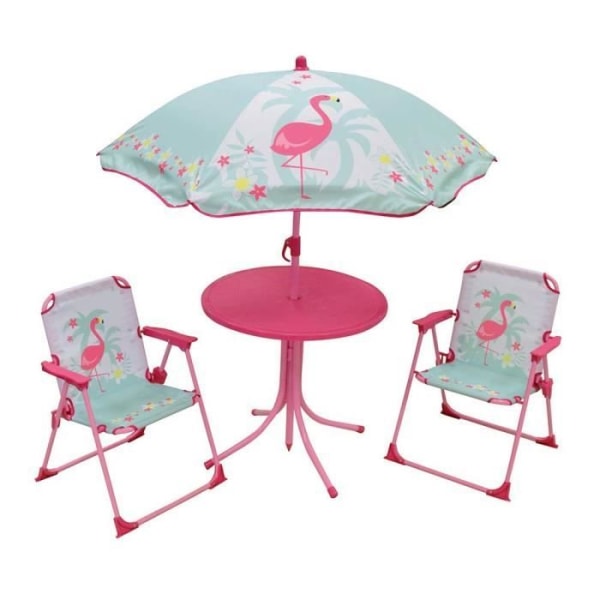 ROLIGT HUS 713088 FLAMANT ROSE Trädgårdsmöbler med bord, 2 hopfällbara stolar och en parasoll för barn
